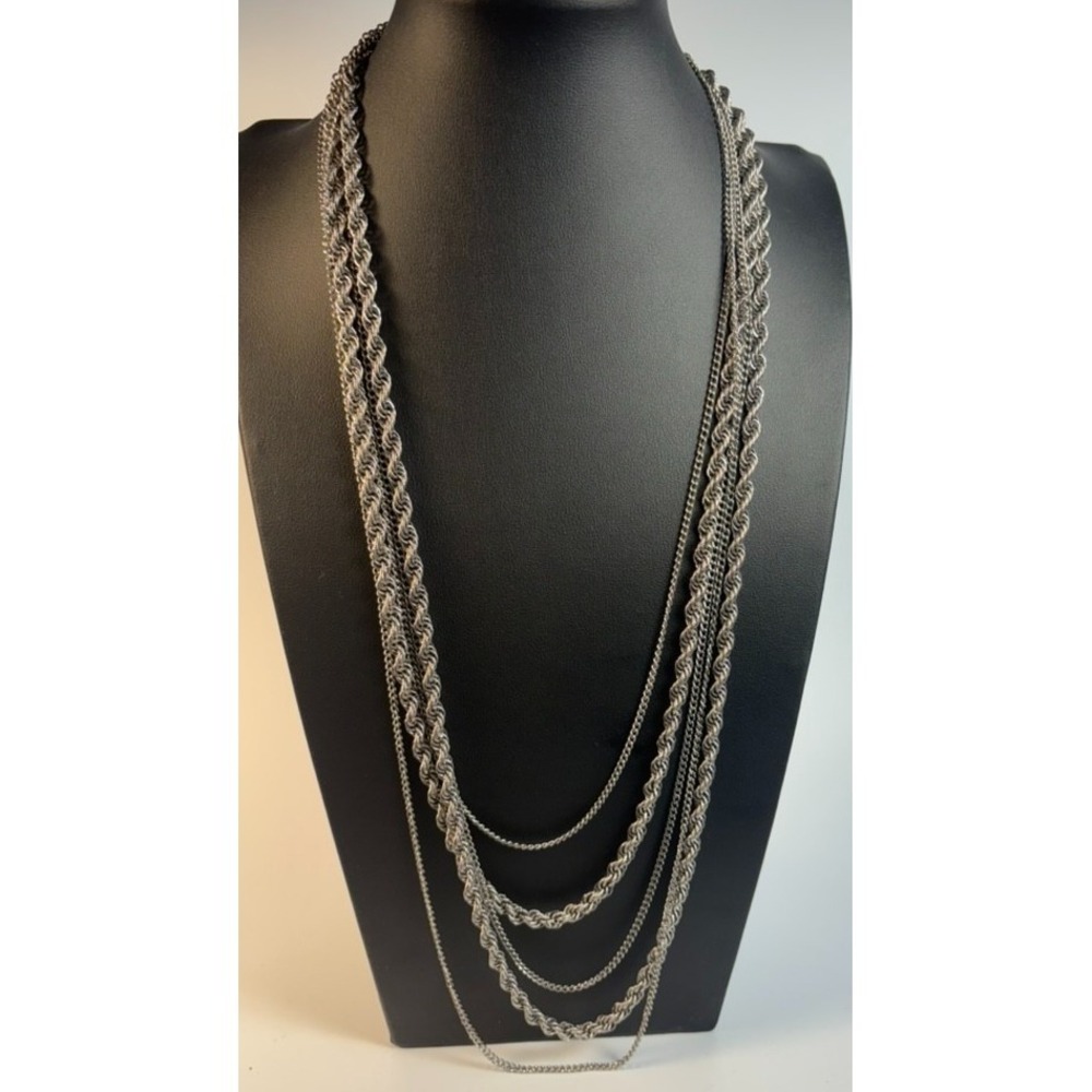 Necklace Multi Strand Silver Tone‎ Long Signed Goldette Interesting Clasp